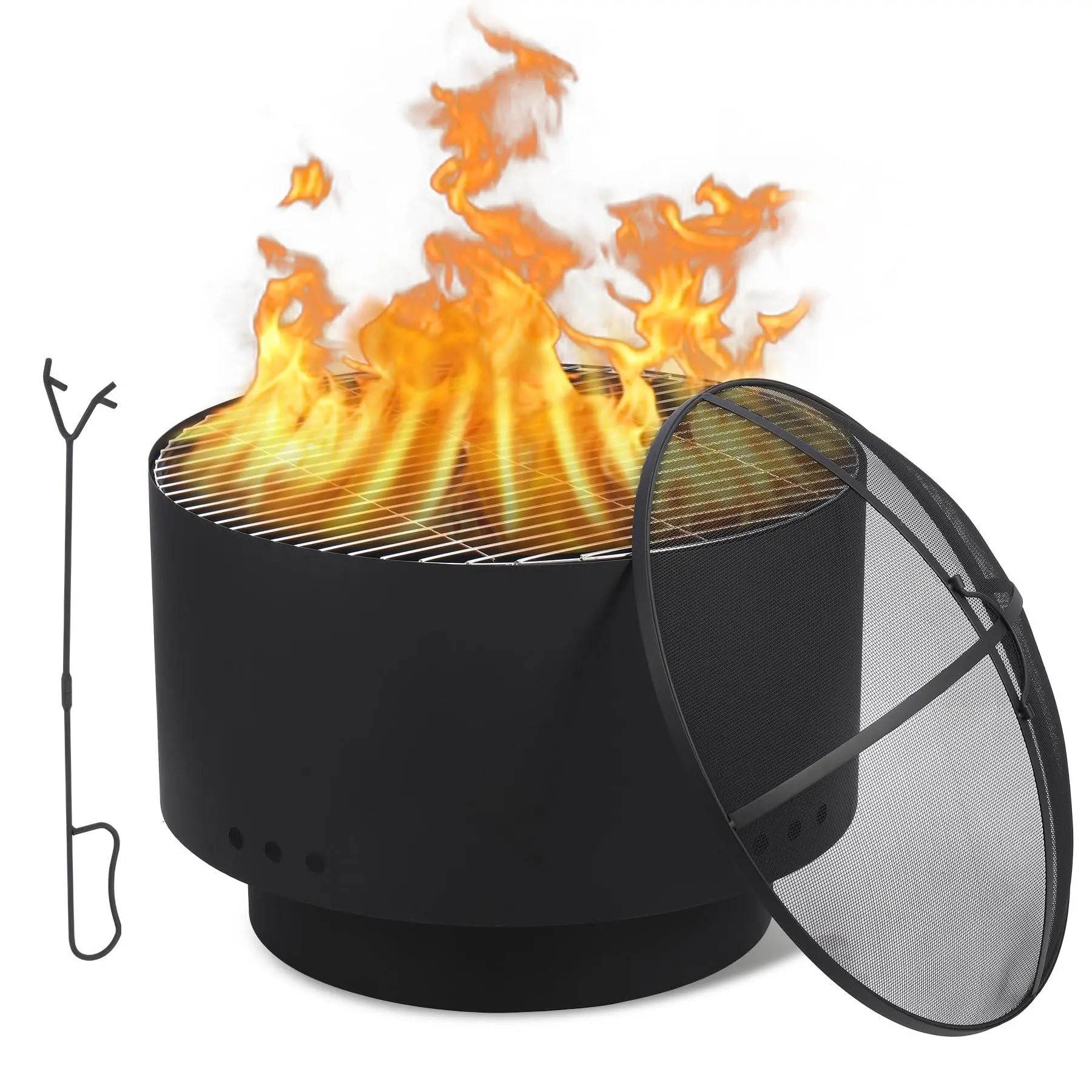 Garvee 26 inch Fire Pit, Outdoor Smokeless Fire Pits for Wood Burning, Mesh Lid, Cooking Grate, Cover, Portable Patio Bonfire Pit for Outside BBQ, Yard, Garden, Camping