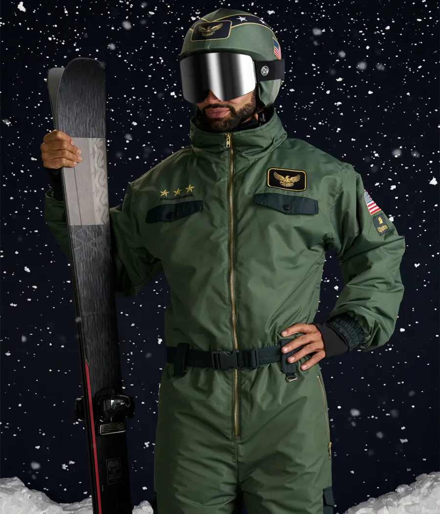 Men's Fighter Pilot 1-Piece Ski Suit - Waterproof, Insulated, with Zippered Vents and Storm Hood, Waterproof Ski Jacket, Sports Clothing, Full Length, Pilot Look, Tactical Pockets