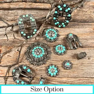 Antique Silver Turquoise, Clear Crystal Conchos - Sizes from 1"- 3" and Buckles