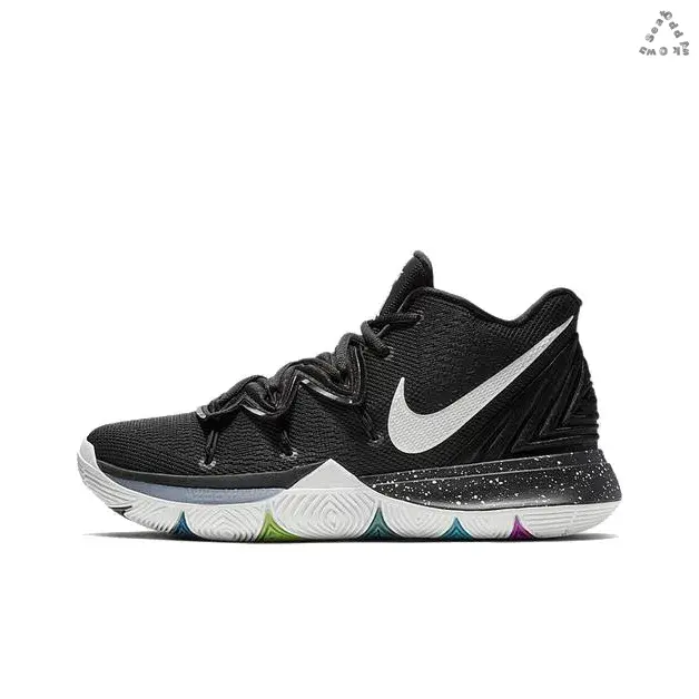 Mid-top Basketball Sneakers | Solid Black Breathable Mesh Upper with White Swoosh Logo | Two-tone White Speckled Midsole & Multi-color Accented Traction Outsole for Basketball Training & Matches