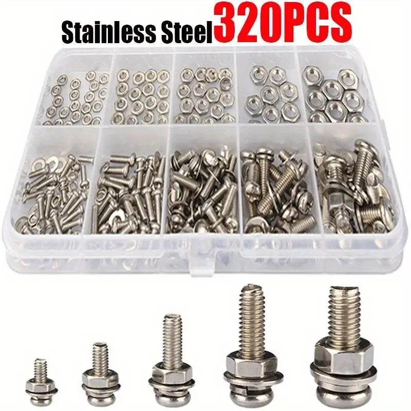 Stainless Steel 320Pcs Assortment Kit Nut and Bolt Set - M2 M2.5 M3 M4 M5 Metric Nut and Bolt Assortment - SS304 An Head Screws Nuts Bolts