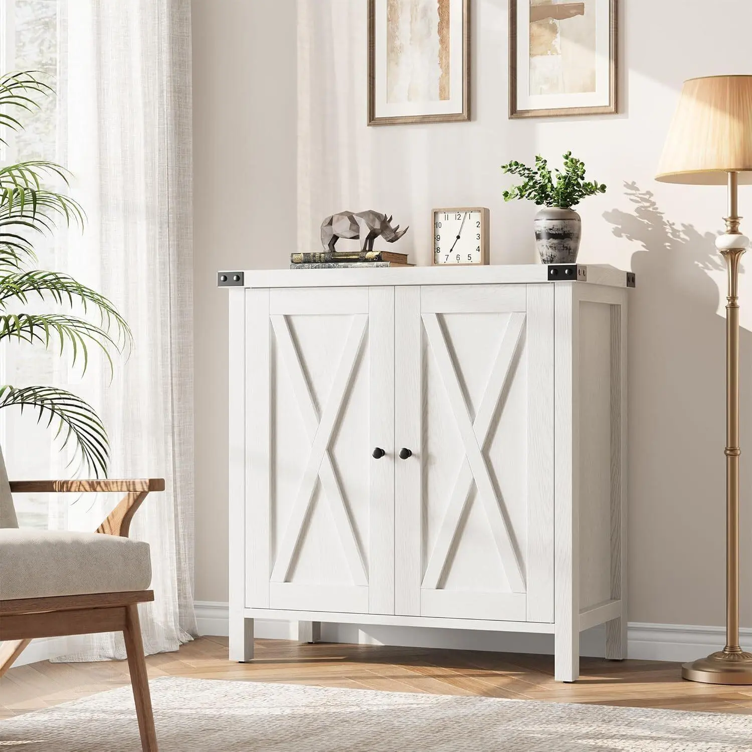 Gaomon Farmhouse White MDF Sideboard - 40x80x80 cm Cupboard with Doors, Worktop, Adjustable Shelves, 3 Levels, Natural Grain, Solid Legs, 95 kg Capacity, Rustic Storage for Kitchen, Living Room, TV Console