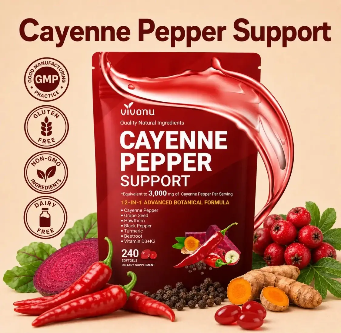 Cayenne Pepper Softgels Supplement, Beetroot and Others (240 Softge /1 Bag)Supports Leg Vein, Heart and Blood Vessel Health, with Vitamin E D3+K2 and Extracts of Grape Seed, Hawthorn, SummerVibes