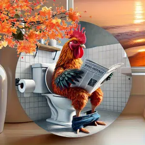 2D Flat - 1pc Fun Festival - Style Metal Sign - Funny Rooster on Toilet Theme - 8*12 Inches - 2D Flat - Ideal for Bathroom/ Festival Home Decor - Adds a Joyful Atmosphere - Home Decor Item