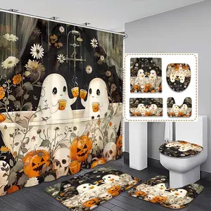 Halloween Shower Curtain Set, Waterproof Cartoon Witch Design, Includes 12 Hooks, Bath Mat, Toilet Lid Cover, U-Shaped Tray, Perfect Gift