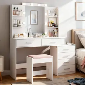 Modern White LED Lighted Vanity Desk - Makeup Dressing Desk with Mirror, Elegant Indoor Furniture with Spacious Storage for Bedroom Organization