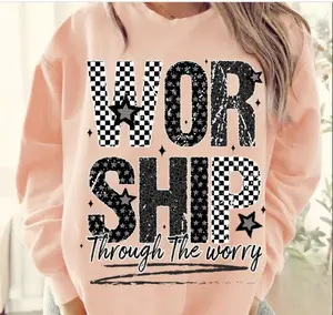 Worship Through The Worry Bible Verse Crewneck Sweatshirt, Christian God Checkered Preppy Black White Tee, Faith Religious Gifts, Jesus Apparel