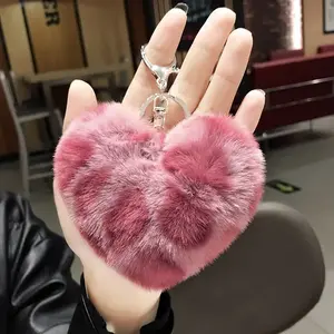 BagCharms.co Love Heart Shaped Leopard Pompom Ball Key Chain Bag Charm