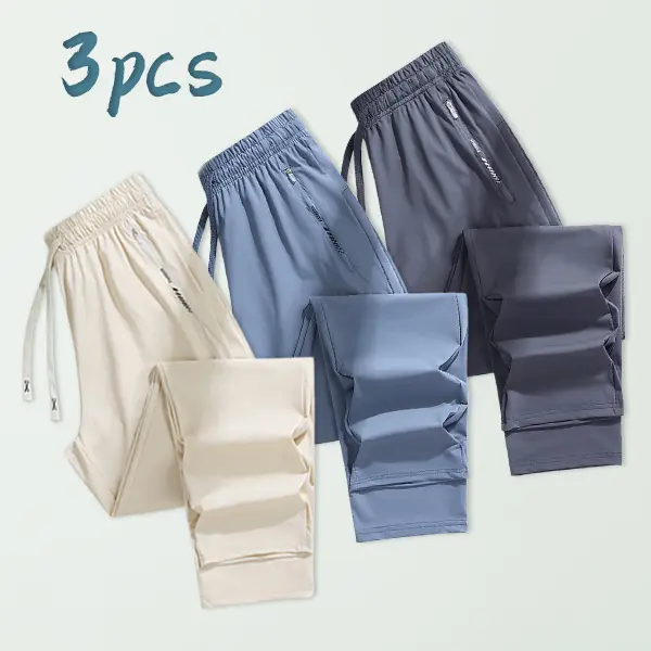 Men’s 3-Pack Lightweight Polyester Blend Casual Sports Pants - Soft Wear-Resistant Fabric, Mid Waist Elastic Waistband, Secure Zippered Pockets, Straight Legs, All-Day Comfort for Workouts & Everyday Outings