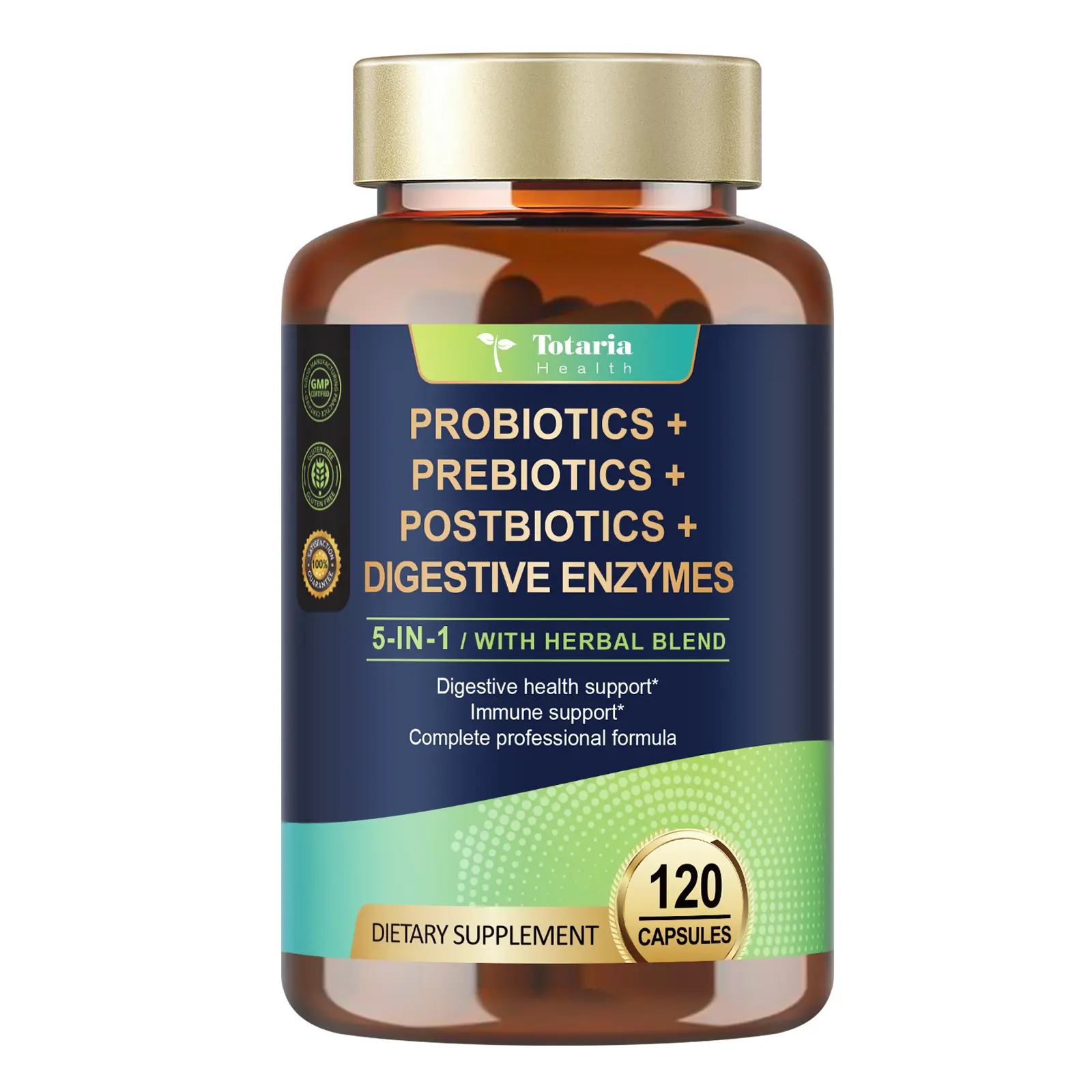 Totaria 5-in-1 Probiotic Prebiotic Postbiotic Supplement with Digestive Enzymes, Slippery Elm, and Herbal Blend for Digestive and Immune Support, 120 Capsules - Dietary, Healthcare,travel essentials