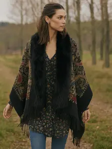 Embroidered Vintage Floral Tapestry Shawl with Faux Fur Trim Bohemian Elegance One Size Fits Most 78"x27" Luxurious Cashmere Feel Cozy Warmth