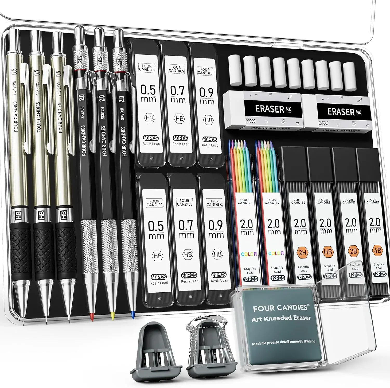 【Buy 2 Get Gift】summerwins Four Candies 25PCS Mechanical Pencil Set with Case,3PCS 0.5/0.7/0.9mm Metal Pencils,3PCS 4B Erasers &432PCS Graphite Leads,Back to School Shopping,School Essentials for Writing,Drawing,