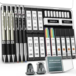 Four Candies 25PCS Mechanical Pencil Set with Case - 3PCS Metal Pencils 0.5 0.7 0.9mm, 3PCS 4B Erasers, 432PCS Graphite Leads for Writing Drawing Sketching Christmas Gifts, Stationery Writing Tools