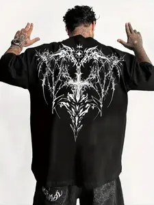 Men's Casual Sporty Short Sleeve Shirt, Dark Totem Print, Comfortable Round Neck T-Shirt for Outdoor Gym Streetwear