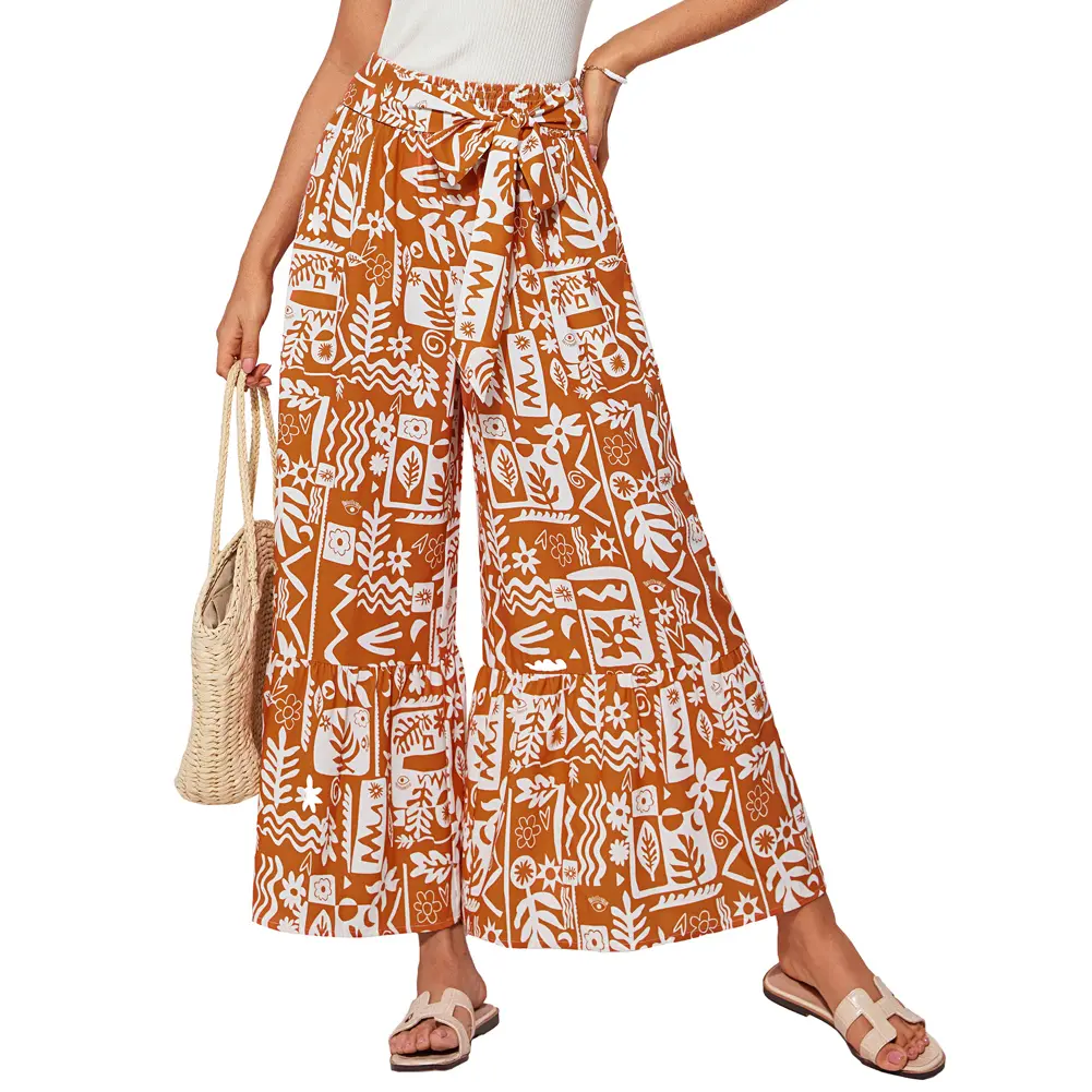 Grace Karin Women's Bohemian High Waist Wide Leg Pants, Printed Flowy Palazzo Trousers with Pockets for Summer Vacation, Bohemian Palazzo Trousers, Pants For Women, Boho Clothes For Women