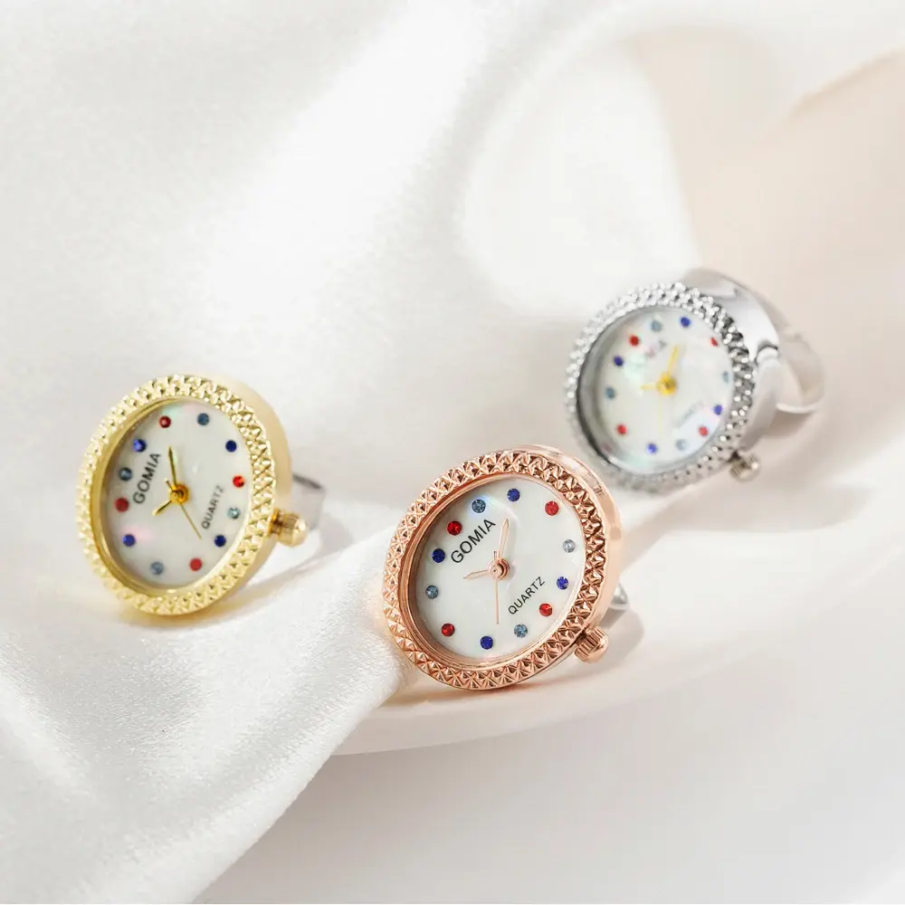 Kiss Jewelry New Creative Waterproof Mini Quartz Watches Finger Ring colorsed Rhinestone Adjustable Alloy Oval Dial Clock Ring