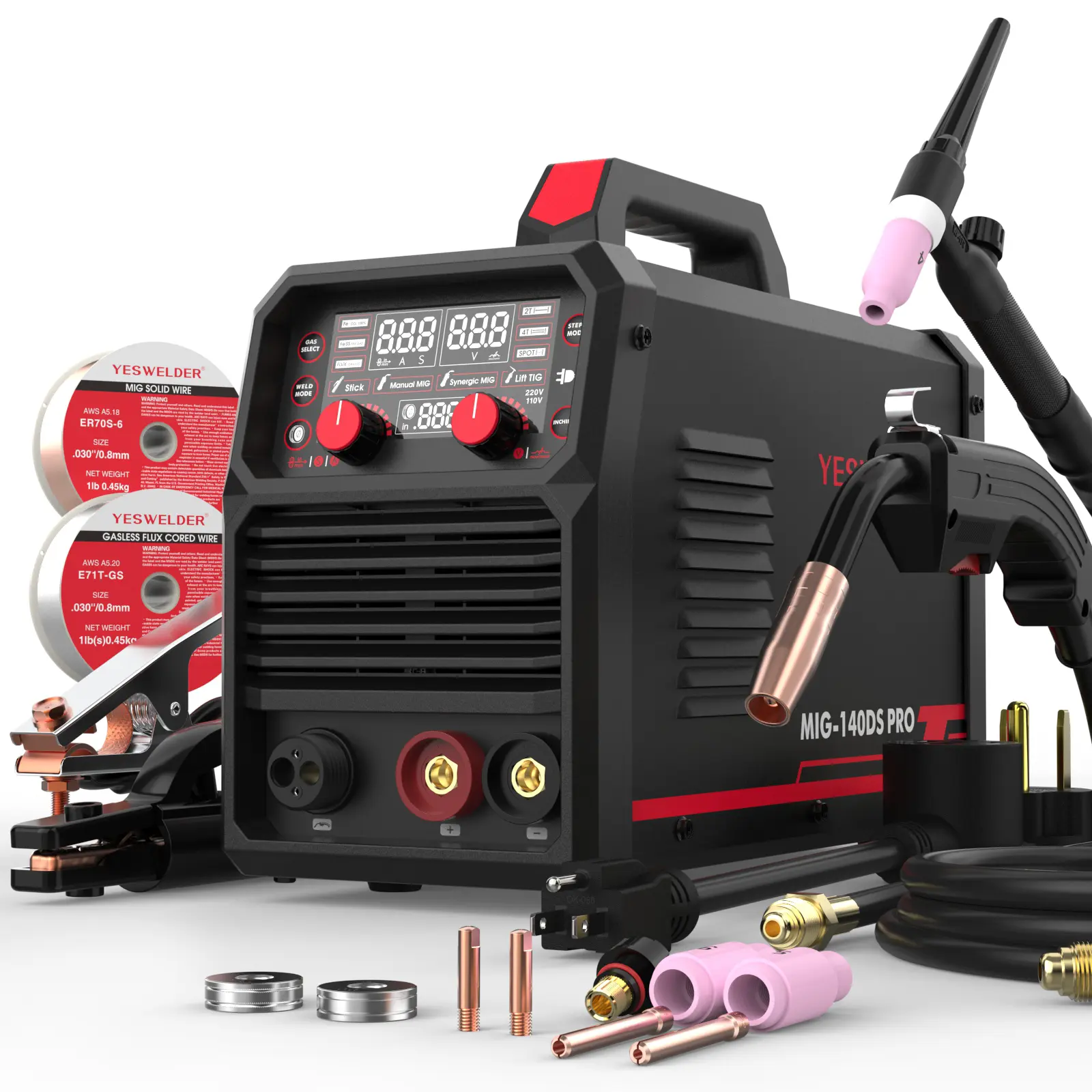 YESWELDER MIG-140DS-PRO 140Amp 4-in-1 MIG Welder | Gas/Gasless MIG, Lift TIG & Stick Welding, Synergic Control, Dual Voltage 110/220V & Digital Display Welding Machine YESWELDER MIG-140DS-PRO 140Amp 4-in-1 MIG Welder | Gas/Gasless MIG, Lift TIG & Stick Welding, Synergic Control, Dual Voltage 110/220V & Digital Display Welding Machine