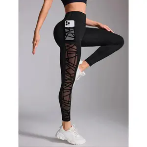 Women's Contrast Mesh Sheer Cut-Out Sporty Sports Bottoms, Casual Comfy Breathable Skinny Pants for Yoga, Gym Workout, All-Season Ladies Leggings