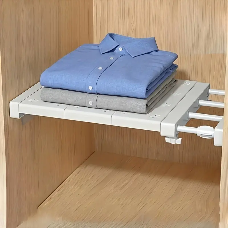 Punch-Free Adjustable Closet Shelf, Retractable Layer Storage Organizer, Space-Saving Divider Rack with Adhesive Stickers, Multifunctional Shelf for Wardrobe Kitchen Bathroom Bedroom Shoe Cabinet