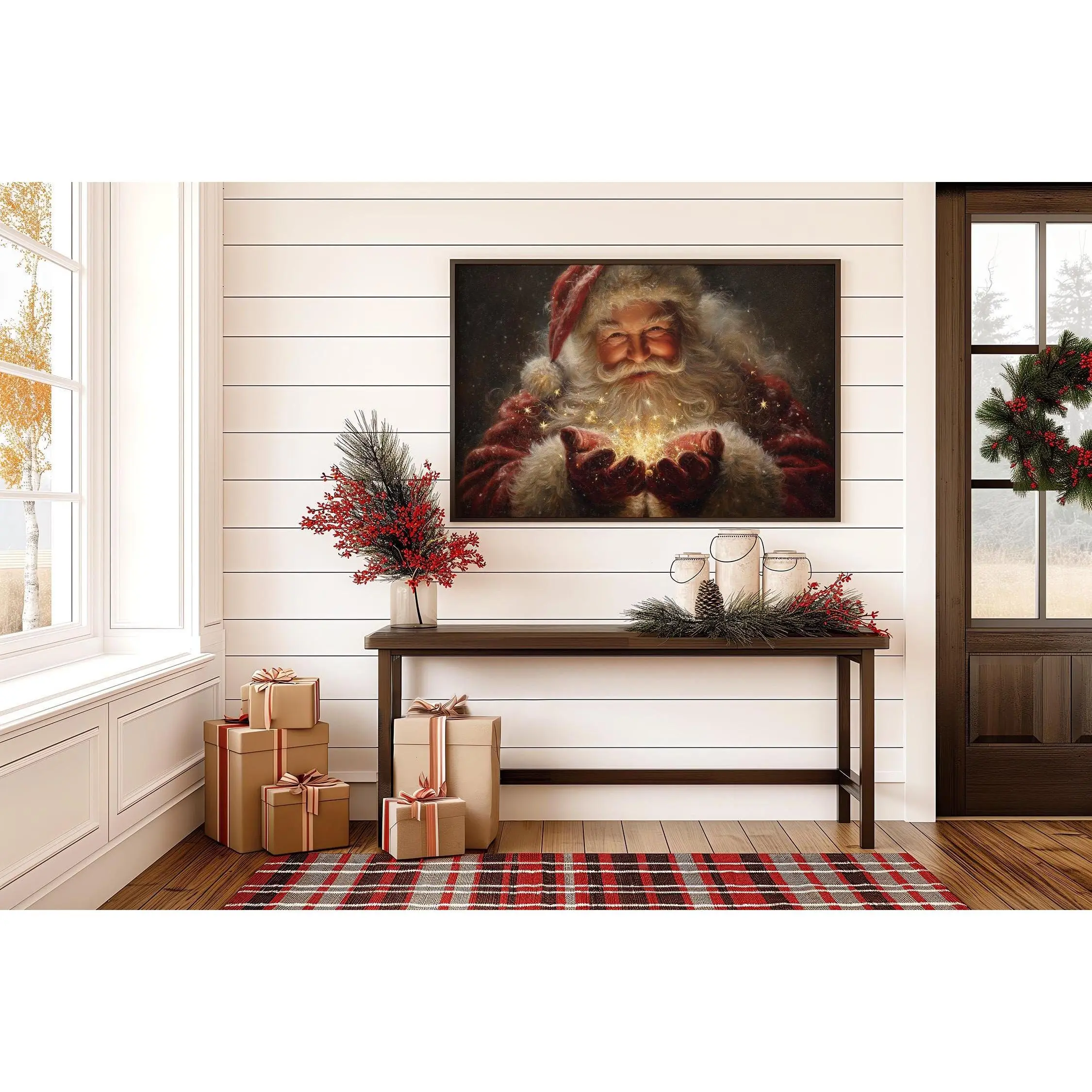 [SALE UP TO 40%] [Unframed] Magical Santa Claus Wall Art | Vintage Christmas Painting Print | Festive Holiday Décor with Sparkling Golden Glow