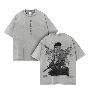 Men's Oversized Shortleeve Soft Levi Ackerman Attack on Titan Washed Vintage T-Shirt - Heavy Cotton Seamless Unisex Anime Graphic Clothes, AOT Top, 1-Piece Tee