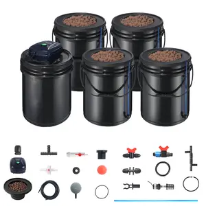 【fathersdaygift】VEVOR RDWC Hydroponics Grow System, Hydroponic Growing Kit with Top Drip, Recirculating Deep Water Culture 4 Buckles and 1 Reservoir, with Air Pump and Water Level Device for Leafy Vegetables