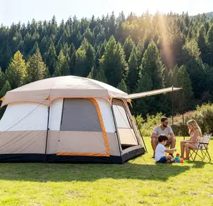 Waterproof double-layer family camping tent, accommodates 4-6 people, 2 enclosed rooms, 3 mesh doors and windows, straight walls and high roof, good ventilation, easy to set up, suitable for outdoor hiking and picnics.