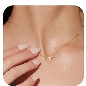 Tewiky Gold Pendant Necklace for Women, Dainty Zirconia Necklaces for Women Simple  Paperclip Choker Necklaces Cute Minimalist Open Oval Necklaces Gold Jewelry for Women Gifts
