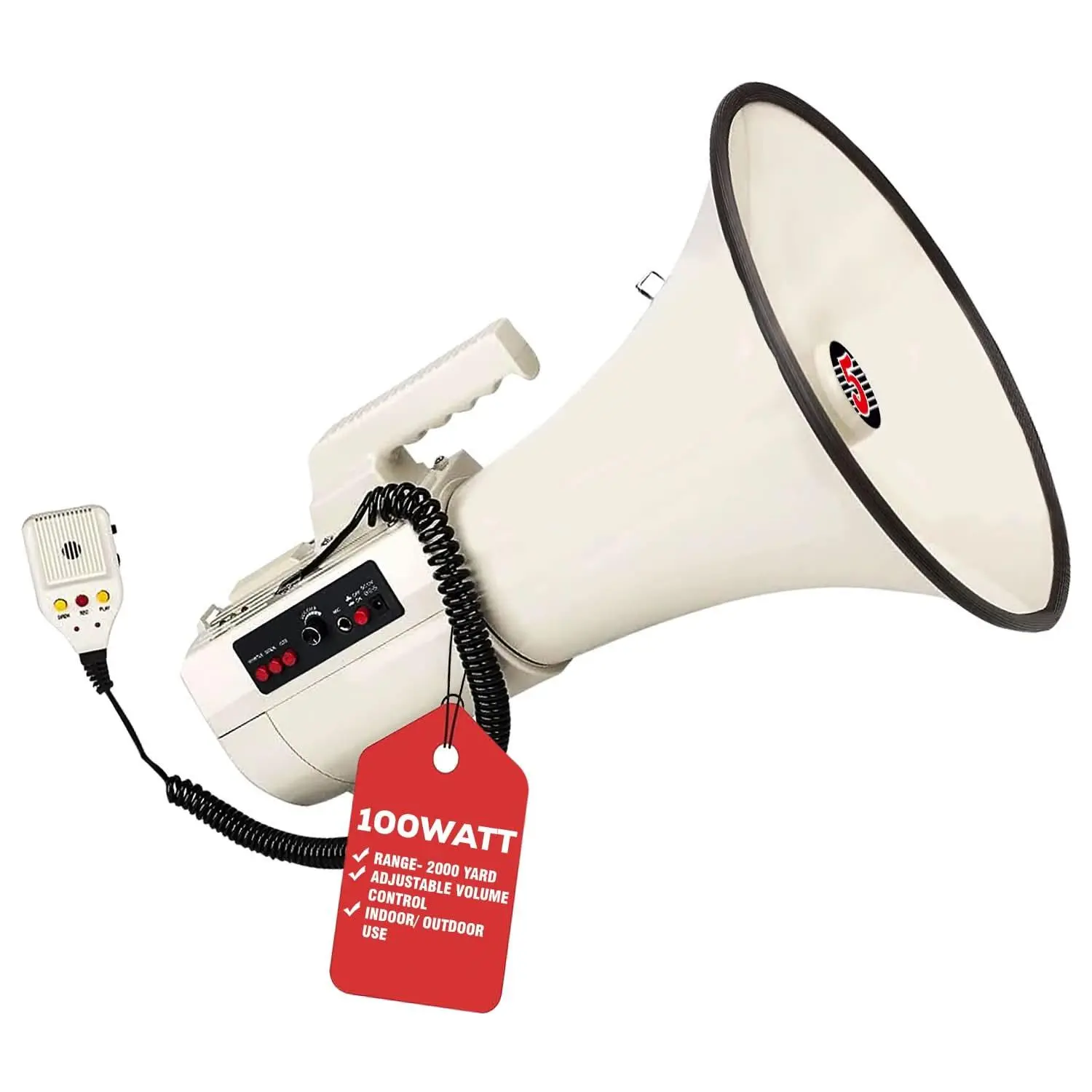 5 Core Bullhorn Megaphone, Professional PA Speaker with 100W Power, Ergonomic Handle, Loud Alarm Mode, and Thumb Drive Input