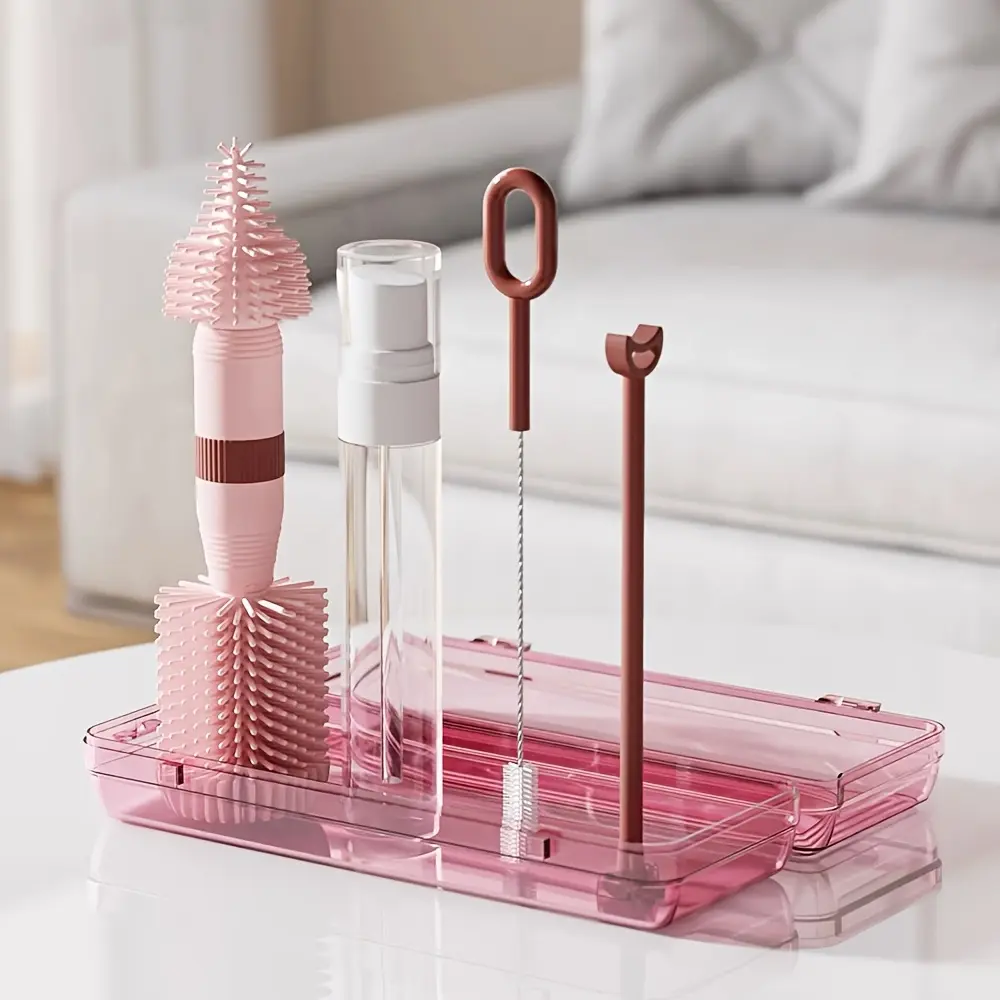 Silicone Bottle Cleaning Brush Set with Storage Box, 6 Counts/set Portable Bottle Brush Set, Milk Bottle Cleaning Set for Outdoor Travel, Bottle Brush Cleaner