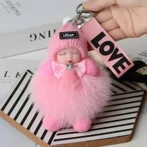 Cute and Adorable Furry Pom Pom Sleeping Baby Keychain Cute Charm for Phone, Bag, Fashion Accessories, Gifts for Women Girls