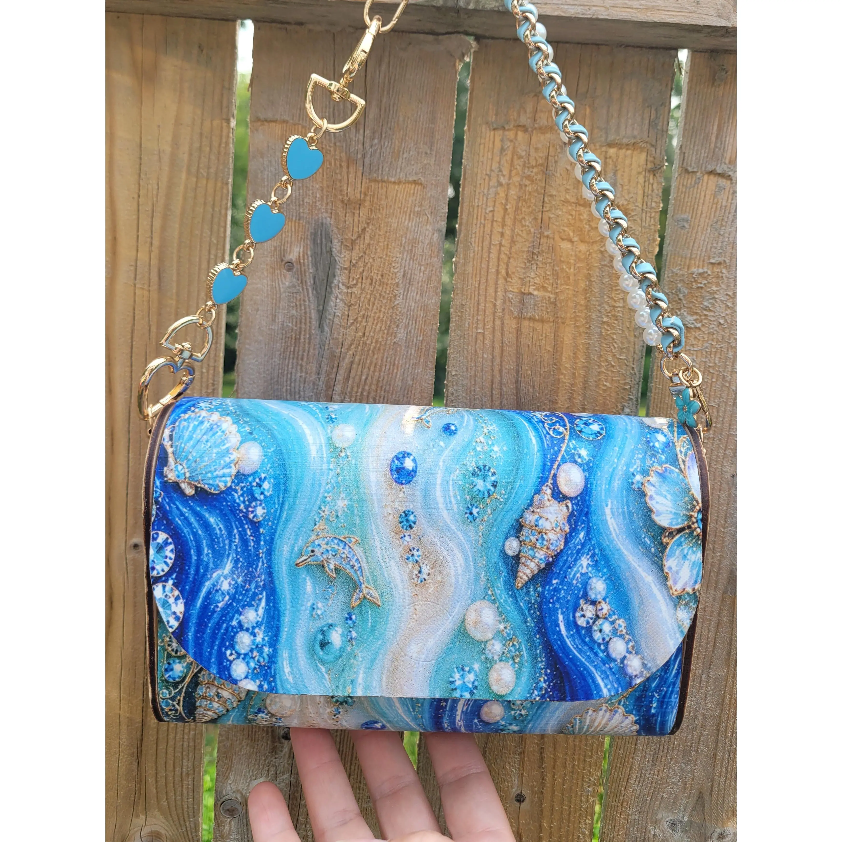 🌊 Ocean Pearl Dolphin Wooden Clutch Purse | Handmade Coastal Crossbody with Pearl Chain 🐚