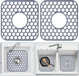 【NewYear2026】2 Pack Silicone Sink Protectors for Kitchen Sink, 12" x 11" Non-Slip Heat-Resistant Mats with Center Drain, Dishwasher Safe Sink Grids for Stainless Steel & Porcelain Sinks