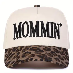 Women's Leopard Print Patchwork Baseball Hat, Embroidered "MOMMIN" Lettering, Adjustable Sun Protection Cap for Year-Round Outdoor Travel, Hats