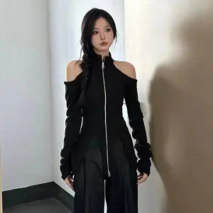 New stand up collar zipper top for women's off shoulder long sleeved T-shirt, slim fit suspender knitted T-shirt, casual knitted loose knitted oversized round neck women's basic black minimalism