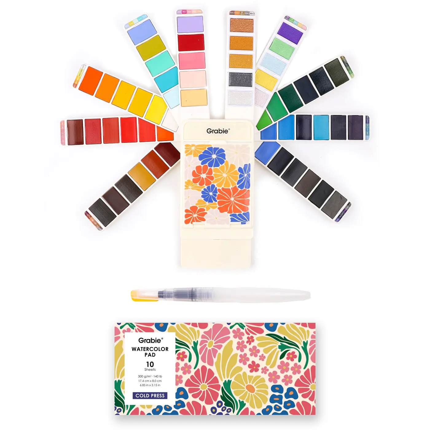Grabie Foldable Watercolor Paints Set (56 Colors) with Water Brush - Compact Portable Painting Tool, School Supplies Including 10 Metallic, 10 Macaron, 36 Classic Hues, Watercolor Palette, Sliding Panel - Premium Art for Kids Kit