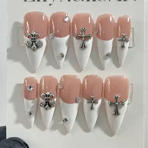 White French Tip Press on Nails 3D Silver Cross Handmade Nails Art Gif For Wedding Party Holiday
