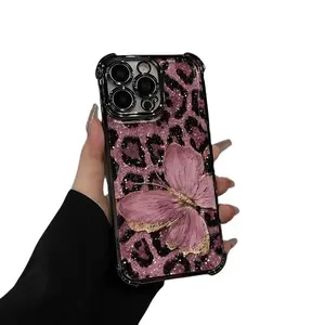 Butterfly Pink Leopard Print TPU Phone Case for iPhone 16 15 14 Pro Max 13 12 11 XS Plus Shockproof Full Camera Protection Anti-Fingerprint Durable