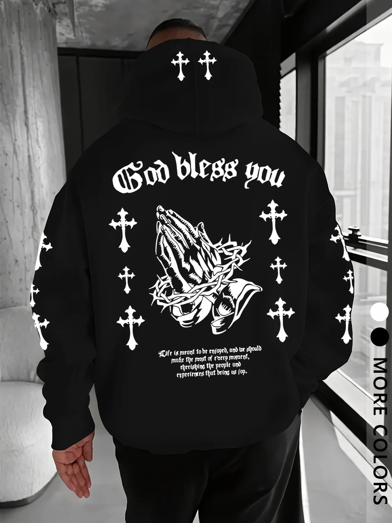 Unisex Streetwear Cross Print Fitted Long Sleeve Hoodie, God Bless You Letter Pattern, Fall & Winter loose Sweatshirt, Faith believer culture Y2K Hip Hop Casual Fashion Style, Men's Gift Tops