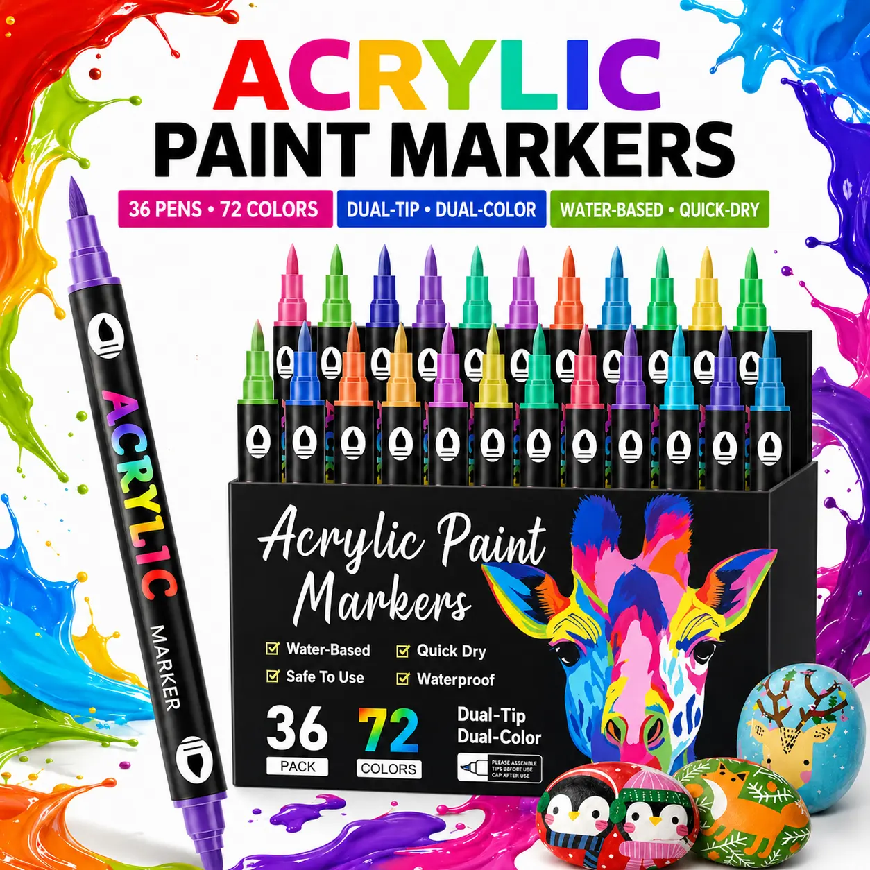 48/72/96 Colors Dual Tip Acrylic Paint Markers, Waterproof Paint Pens for Rock, Ceramic, Wood, Canvas, Glass, Stone and DIY Crafts