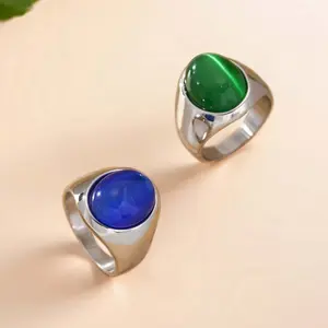 Hip Hop Punk Style Green Oval Synthetic Gemstone Stainless Steel Men's Ring, Artificial Zircon Teardrop Costume Jewelry for Fashionable Daily Casual Wear, Artificial Zircon Rings, Green Gemstone Rings
