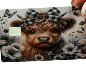 Anime Custom Credit Card Skin - Black and White Plaid Highland Cow Decorative Sticker, Custom Decal, Adhesive Vinyl for DIY Scrapbooking & Stamping