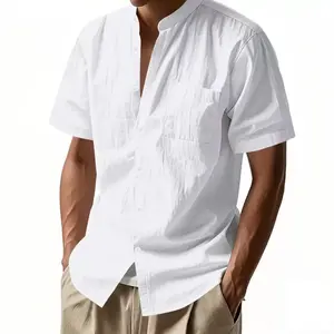 Men’s summer linen breathable cardigan, loose-fit casual stand collar beach short-sleeve shirt, solid color plain fashion top in European and American style, Shortsleeve, Menswear
