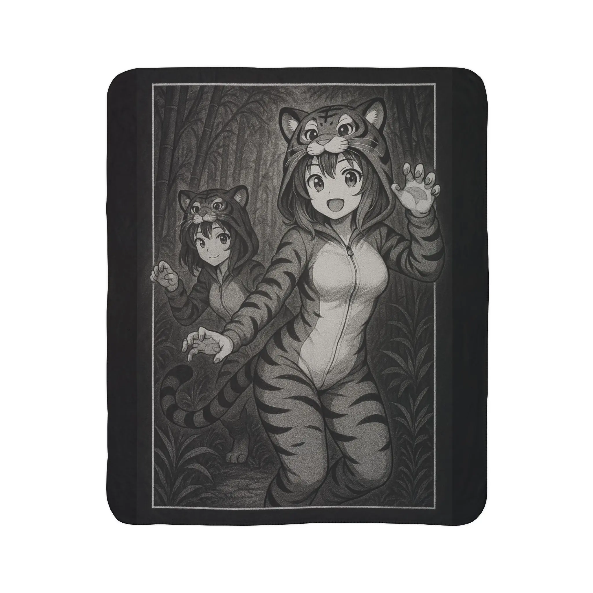 Anime Girls in Tiger Kigurumi Fleece Sherpa Mexican Blanket | Kawaii Style for Winter