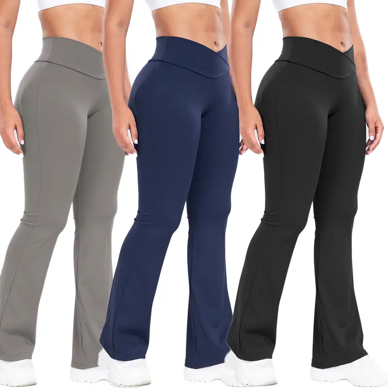 Kabuer Women's High-Waist Crossover Waistband Flare Leggings Yoga Pants - Soft Stretch, Quick Dry, Contouring Fit, Print-Free Solid, All-Season, Body Control Activewear for Yoga, Running, Gym