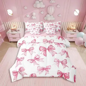Kawaii Bowknot Girls 7 Piece Bed in A Bag with Sheets,Dreamy Princess Style Comforter Set,Girly Cute Bow Bedding Set,Pink Bow Tie Bed Set