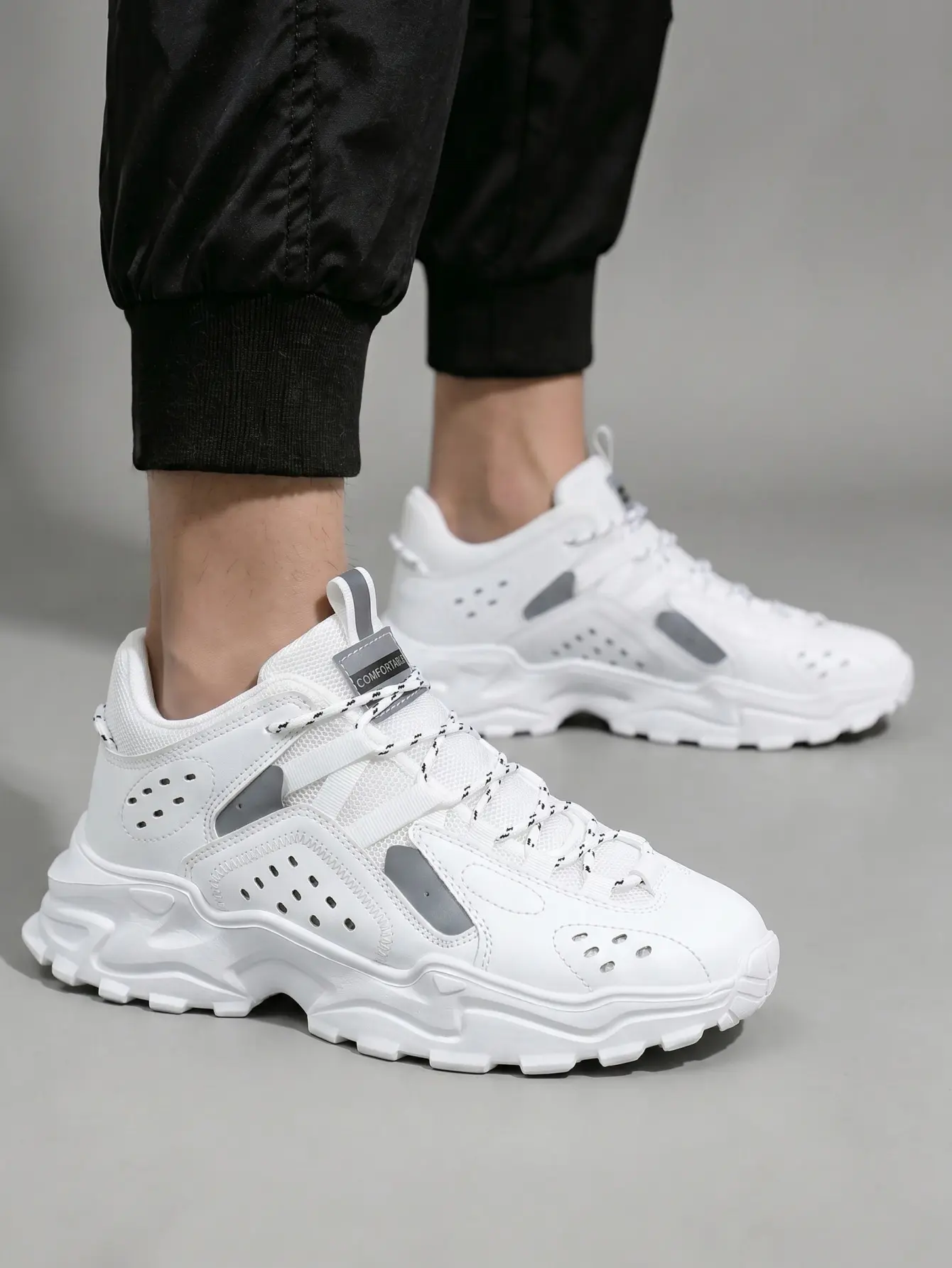Men's Chunky Sneakers, Minimalist Color Block Dad Shoes in Breathable Mesh & PU Leather, Cushioned Athletic Platform Walking Shoes for Height Boosting, Footwear, Solid Color Sneakers, Faux Leather