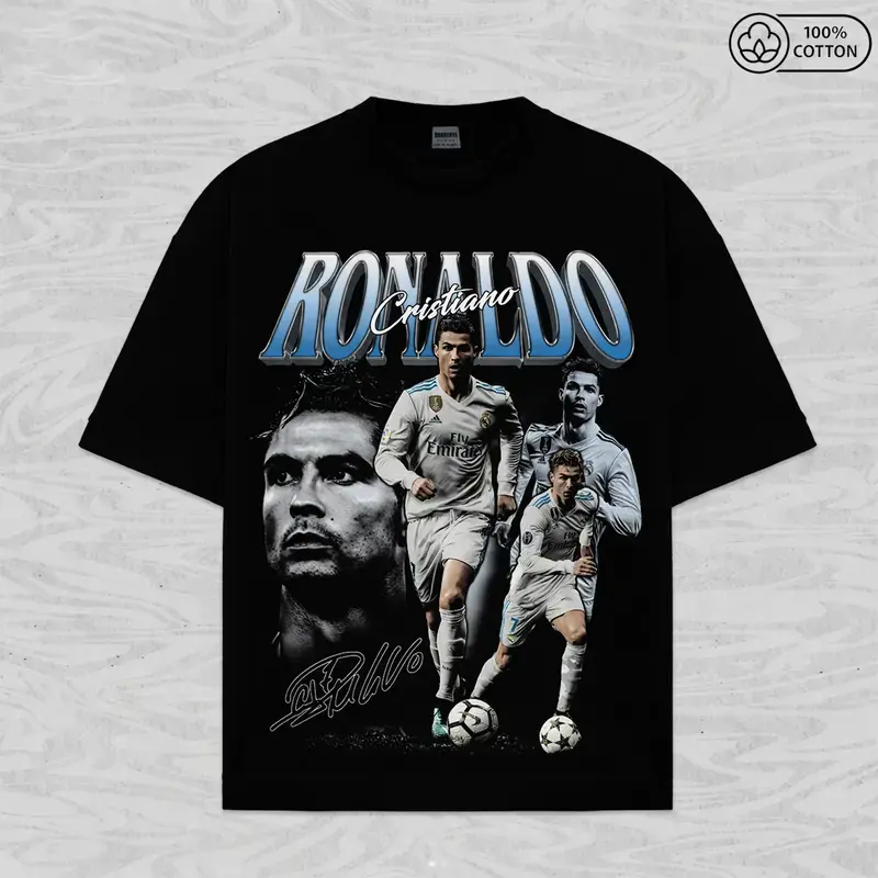 C Ronaldo Print 100% Cotton Menswear Round Neck Short-Sleeve T-Shirt - Soccer Stuff, Mens Clothing, Cotton Graphic Tees, Classic Sports Top, Stylish Casual Streetwear, Spring-Fall Outdoor Essential, Perfect Fan Birthday Gift, T Shirts, Gifts For Him, Birt