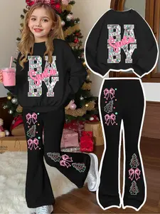 Girls' Christmas Letter Print Hoodie Set, Casual Fitted Round Neck Sweatshirt & Tree Bow Printed Bell Bottoms, Fall Winter, Fashion Style Sets