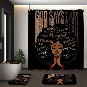 LVRLVR 4Pcs African American Woman with Inspirational Quote Print Religious Faith Multi-Color Shower Curtain Set 70.8×70.8 Inch